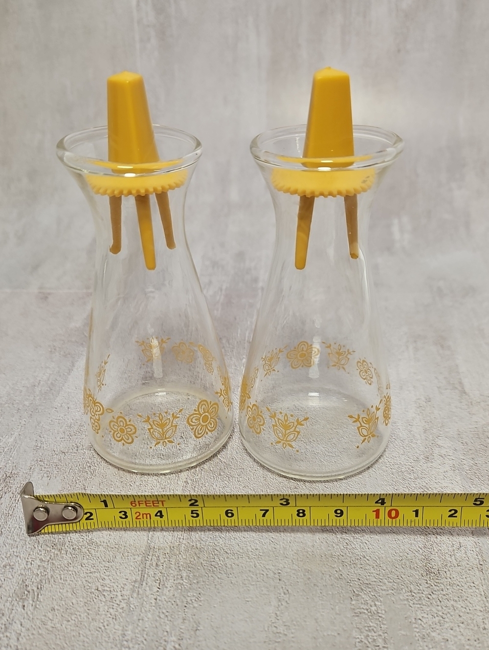 Vintage Pyrex Corelle Butterfly Gold Glass Cruet Shaker Set with Yellow Lids
